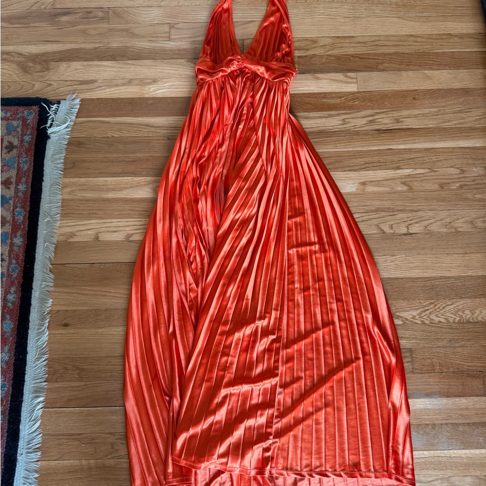 Hello Molly Orange Satin Halter Pleated Maxi Gown - Picture 4 of 8